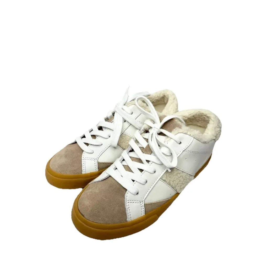 Marc Fisher Ltd. Sidewalk Low Top Sneakers White Leather Sherpa Suede Size 6